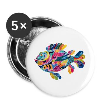 Bunter Abstractfisch Spiralen - Buttons groß 56 mm (5er Pack) - Weiß - Vorne