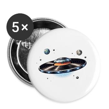 UFO aus Schallplatte im Weltraum   - Buttons groß 56 mm (5er Pack) - Weiß - Vorne