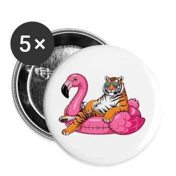 Cool Tiger auf Flamingo-Boje – Sommer-Rig-Design - Buttons groß 56 mm (5er Pack) - Weiß - Vorne