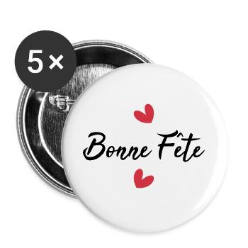 BONNE FÊTE. FÊTE DES MÈRES. FÊTE DES PÈRES. FÊTE - Lot de 5 grands badges (56 mm) - blanc - Devant