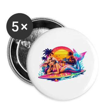 Mermaid Surfboard Retro Sunset Tropical Vibes - Buttons large 2.2''/56 mm (5-pack) - white - Front