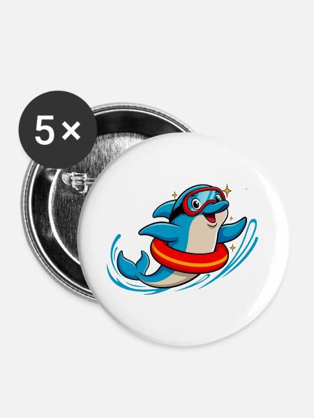 Lustiger Delfin mit Taucherbrille - Buttons groß 56 mm (5er Pack) - Weiß