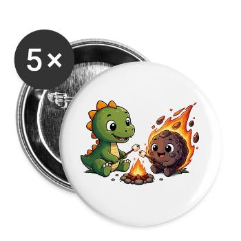 Kleiner Dino am Lagerfeuer - Buttons groß 56 mm (5er Pack) - Weiß - Vorne
