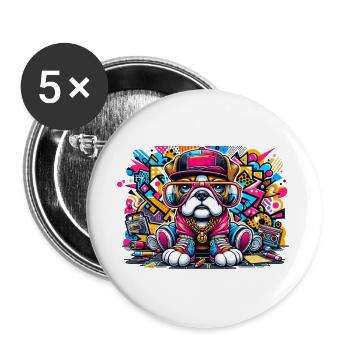Hip-Hop-Bulldog-Welpen-Graffiti-Streetstyle-Merch - Buttons groß 56 mm (5er Pack) - Weiß - Vorne