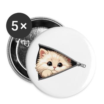 Süßes Kätzchen Reißverschluss Katze - Buttons groß 56 mm (5er Pack) - Weiß - Vorne