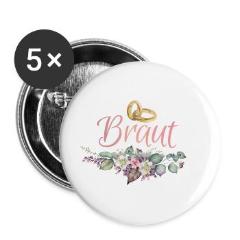 Braut Ringe Blumen JGA Junggesellenabschied - Buttons groß 56 mm (5er Pack) - Weiß - Vorne