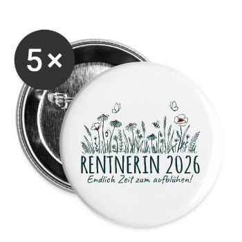 Rentnerin 2026 Zeit zum aufblühen - Buttons groß 56 mm (5er Pack) - Weiß - Vorne