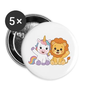 Einhorn und Löwe – Süße Kindergarten Freunde  - Buttons groß 56 mm (5er Pack) - Weiß - Vorne