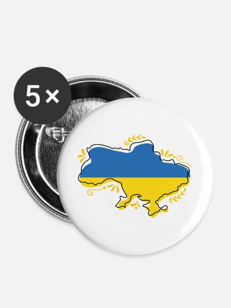 Ukraine-Flaggenkarte Silouette mit Blumenumriss - Buttons groß 56 mm (5er Pack) - Weiß