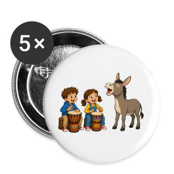 Kinder Trommeln mit Esel Fröhliches Musikmotiv - Buttons groß 56 mm (5er Pack) - Weiß - Vorne
