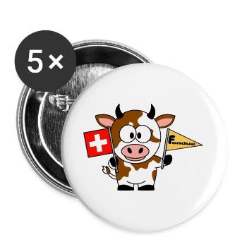 Kuh mit Fondue Flaggen - Buttons groß 56 mm (5er Pack) - Weiß - Vorne