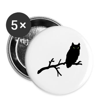 Grimme Eule Silhouette mit grünen Augen auf Ast - Buttons groß 56 mm (5er Pack) - Weiß - Vorne