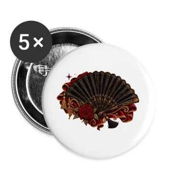 Vintage Fächer mit roter Rose - Buttons groß 56 mm (5er Pack) - Weiß - Vorne