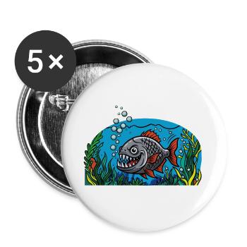 Unterwasser-Jagdfisch mit Zähnen (Piranha) - Buttons groß 56 mm (5er Pack) - Weiß - Vorne