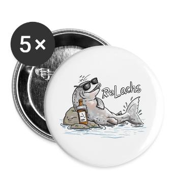 ReLachs Lustiger Lachs | Fisch Angler Geschenk - Buttons groß 56 mm (5er Pack) - Weiß - Vorne