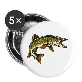 Hecht Raubfisch Angeln - Buttons groß 56 mm (5er Pack) - Weiß - Vorne