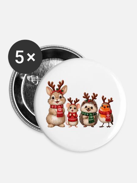 Süße Weihnachtstiere mit Rentiergeweih - Buttons groß 56 mm (5er Pack) - Weiß