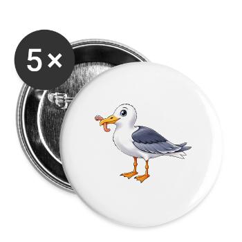 Lustige Möwe mit Wurm Küste Meer - Buttons groß 56 mm (5er Pack) - Weiß - Vorne