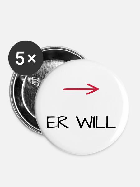 Er will Junggesellenabschied Pfeil - Buttons groß 56 mm (5er Pack) - Weiß