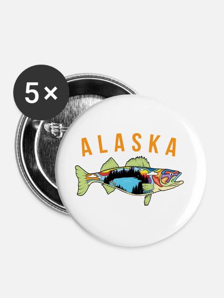 Alaska State Pride T Shirt Alaska Walleye Fisherme - Buttons groß 56 mm (5er Pack) - Weiß