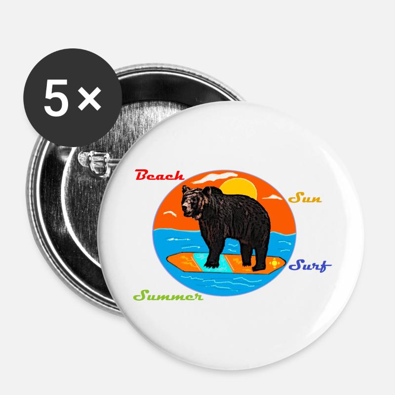 Surfing Bear - Buttons large 2.2''/56 mm (5-pack) - white