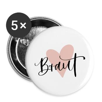 Braut T-Shirt JGA Herz, Junggesellenabschied - Buttons groß 56 mm (5er Pack) - Weiß - Vorne