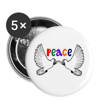 Zwei weiße Friedenstauben mit farbigem Text PEACE - Buttons groß 56 mm (5er Pack) - Weiß - Vorne