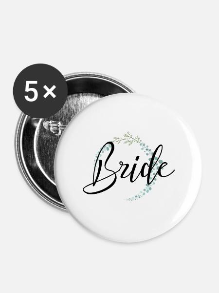 Bride Schriftzug mit schöner Umrandung - Buttons groß 56 mm (5er Pack) - Weiß
