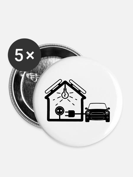 Haus mit Sonnenkollektoren Auto - Buttons groß 56 mm (5er Pack) - Weiß