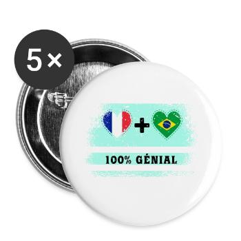 Drapeau France et Brésil 100% génial - Lot de 5 grands badges (56 mm) - blanc - Devant