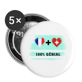 Drapeau France et Suisse 100% génial - Lot de 5 grands badges (56 mm) - blanc - Devant