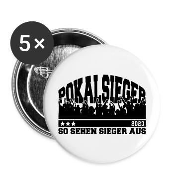 Pokalsieger 2023 - So sehen Sieger aus - Buttons groß 56 mm (5er Pack) - Weiß - Vorne