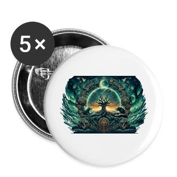 Mystischer Lebensbaum mit Wölfen und Nordlichtern - Buttons groß 56 mm (5er Pack) - Weiß - Vorne