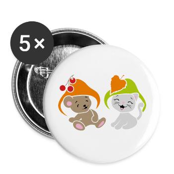 Drôle de bébé ours et chaton mignon avec chapeau champignon - Lot de 5 grands badges (56 mm) - blanc - Devant