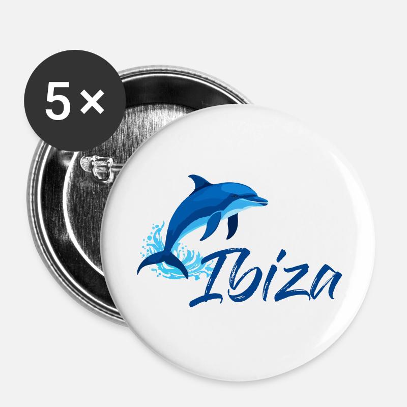 Ibiza Urlaub mit Delfin - Buttons groß 56 mm (5er Pack) - Weiß