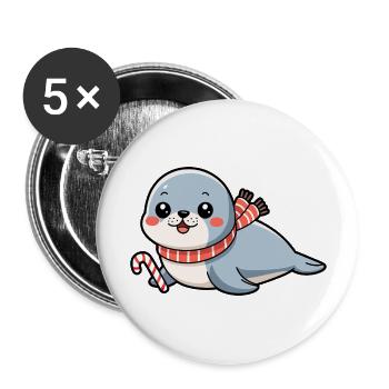 Kawaii Christmas Baby Seal with Candy Cane - Buttons large 2.2''/56 mm (5-pack) - white - Front