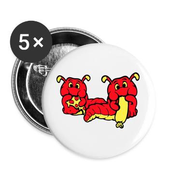 2 Raupen Wurm Glücklich Essend Pizza Wurst Essen - Buttons groß 56 mm (5er Pack) - Weiß - Vorne