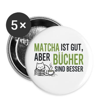 Cozy Bücher & Matcha Katze T-Shirt Geschenk - Buttons groß 56 mm (5er Pack) - Weiß - Vorne