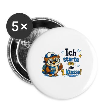 Ich starte in die 1. Klasse Eulen Design - Buttons groß 56 mm (5er Pack) - Weiß - Vorne