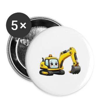 Gelber Bagger - Buttons groß 56 mm (5er Pack) - Weiß - Vorne