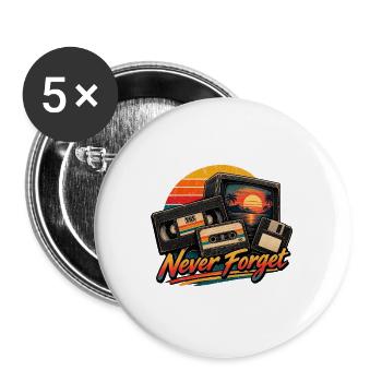 Retro-VHS-Kassettendiskette Never Forget - Buttons groß 56 mm (5er Pack) - Weiß - Vorne