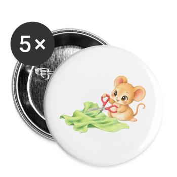 Maus - Niedliches Mäuschen schneidet Stoff - Buttons groß 56 mm (5er Pack) - Weiß - Vorne