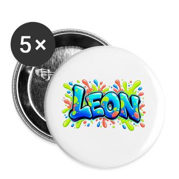 LEON Graffiti Fluo: Der Name, der für Aufsehen sorgt! - Buttons groß 56 mm (5er Pack) - Weiß - Vorne