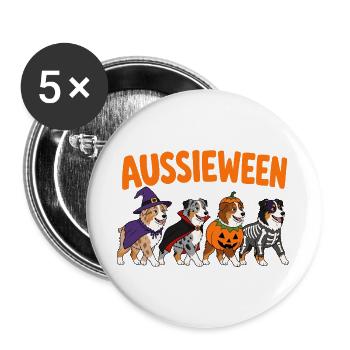  Aussieween Australian Shepherd Halloween Kostüm - Buttons groß 56 mm (5er Pack) - Weiß - Vorne