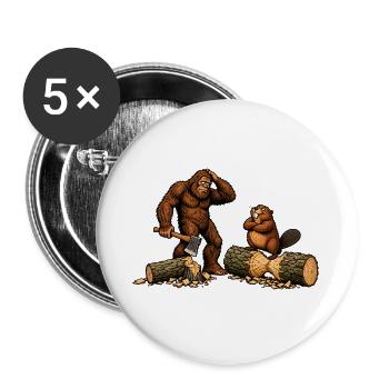 Bigfoot & Biber beim Holzfällen – Outdoor - Buttons groß 56 mm (5er Pack) - Weiß - Vorne