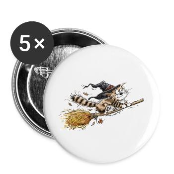 Hexenkatze Besen Herbst Halloween Katzenhumor - Buttons groß 56 mm (5er Pack) - Weiß - Vorne