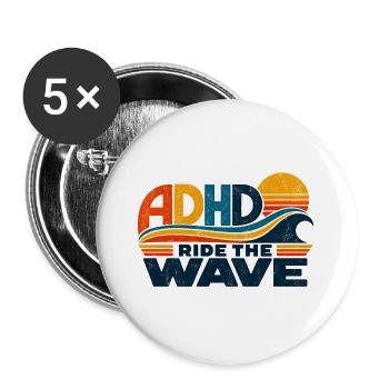 ADHD – Ride the Wave | Retro-Sonne & Welle - Buttons groß 56 mm (5er Pack) - Weiß - Vorne