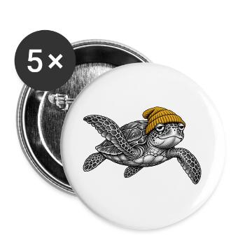 Schildkröte in Strickmütze - Buttons groß 56 mm (5er Pack) - Weiß - Vorne