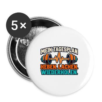 Fitness Tagesplan – Heben lachen wiederholen - Buttons groß 56 mm (5er Pack) - Weiß - Vorne