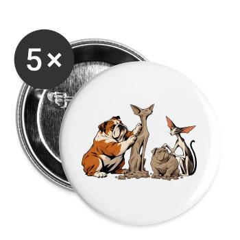 Bulldogge und Katze beim Bildhauern - Buttons groß 56 mm (5er Pack) - Weiß - Vorne